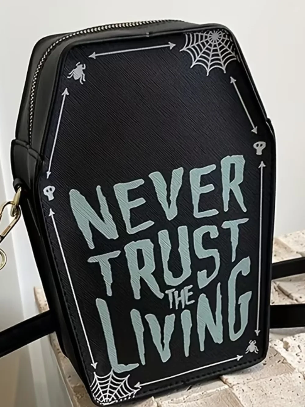 Black Crossbody Bag with 'Never Trust The Living' Graphic Goth Steam Punk 90s